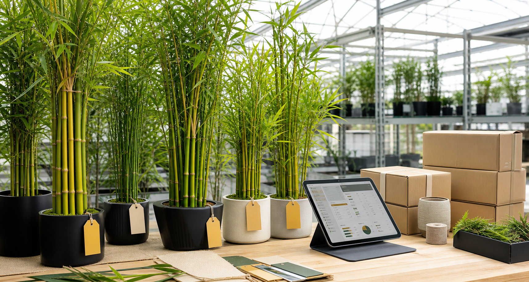 Potted bamboo and shipping supplies arranged in a bright greenhouse